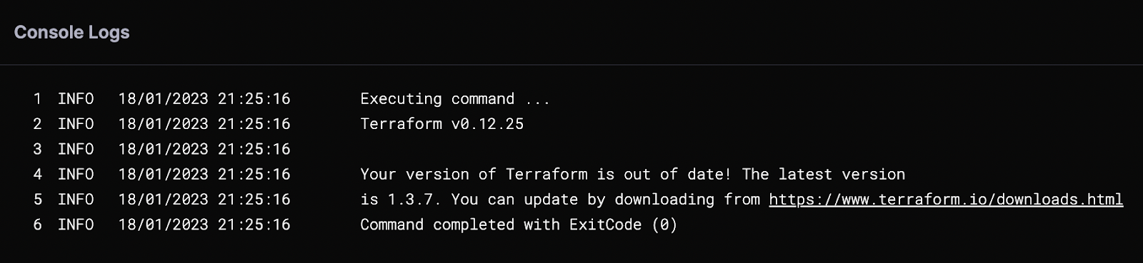 Terraform console logs